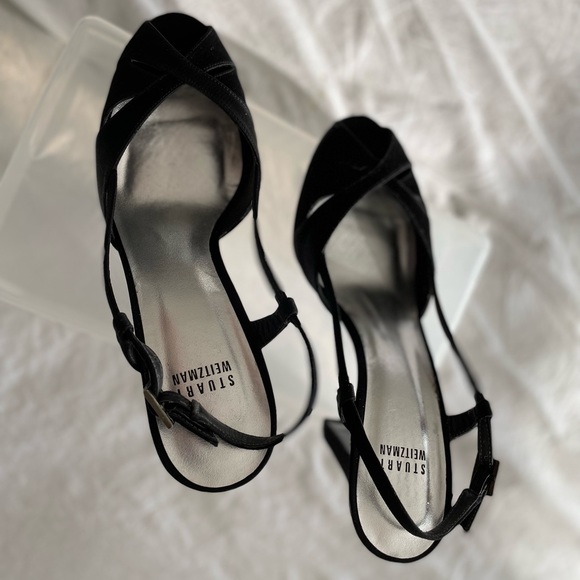 Stuart Weitzman peeptoe black satin shoes 4.5” heel with 1/2” platform Worn once main image 1